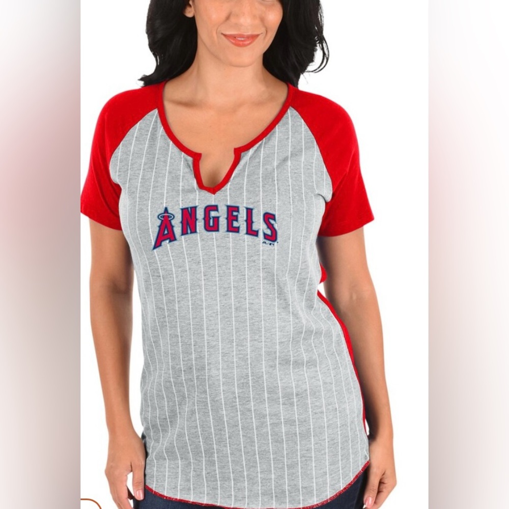 Women’s ANGELS Baseball Majestic  Pinstriped Red and Grey V-Neck Raglan Tee Sz L